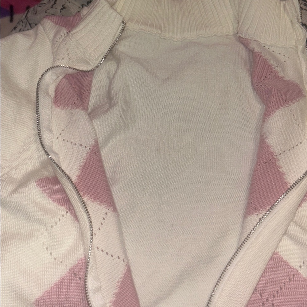 White and Pastel Pink Argyle Zip-Up Sweater Long sleeve soft girl coquette - Picture 11 of 11